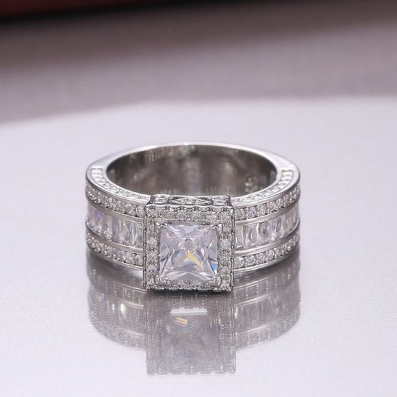 NEW Silver Princess Cut Diamond Halo Ring 3 - Picture 4 of 11